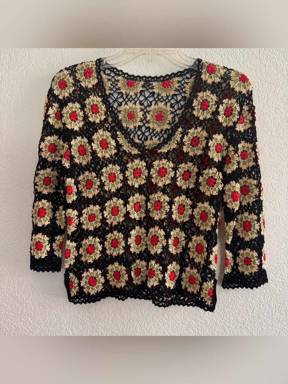 Handmade Crochet Granny Square Floral Top Boho V-neck 3/4 Sleeves Festival S/M
